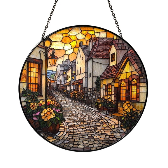 Old Town Street Stained Glass Suncatcher, European Cityscape Window Hanging Decor, Vintage Architecture Art, Travel Inspired Home Decor, Unique Gift for Travel Lovers