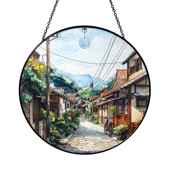 Old Town Street Sunset Stained Glass Style Window Suncatcher