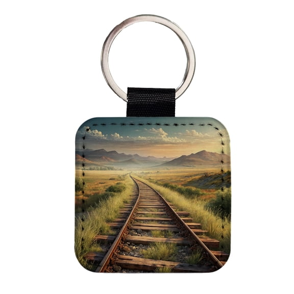 Old Train Tracks Vanishing Into The Distance Faux Leather Square Keychain