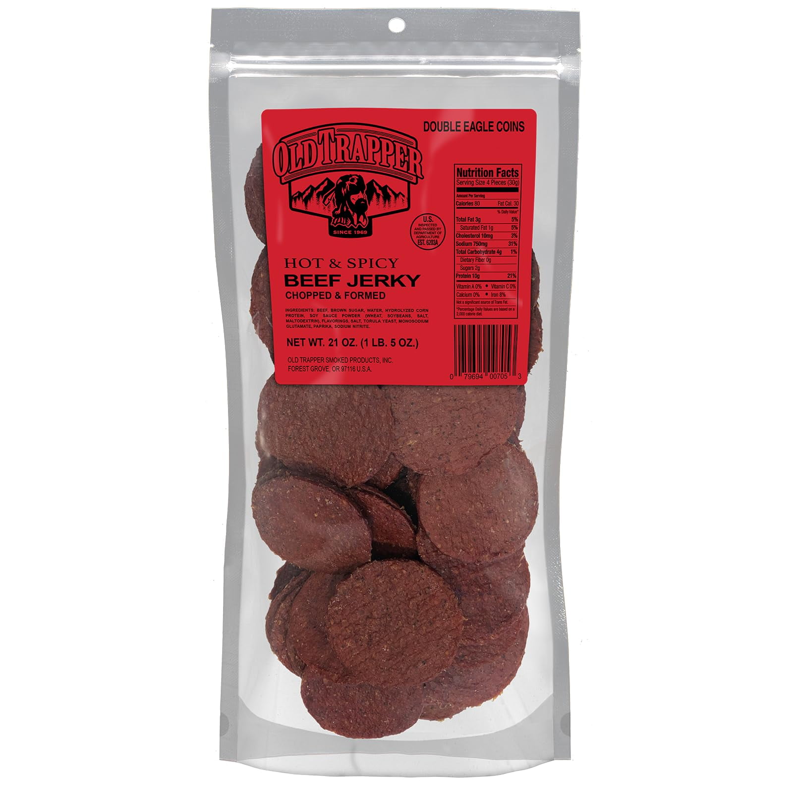 Old Trapper Double Eagle MFF30 Beef Jerky, Hot & Spicy Flavor, 21-Ounce Package, Natural Wood Smoked Meat Snacks, 10 Grams of Protein and 80 Calories per Serving (Pack of One)