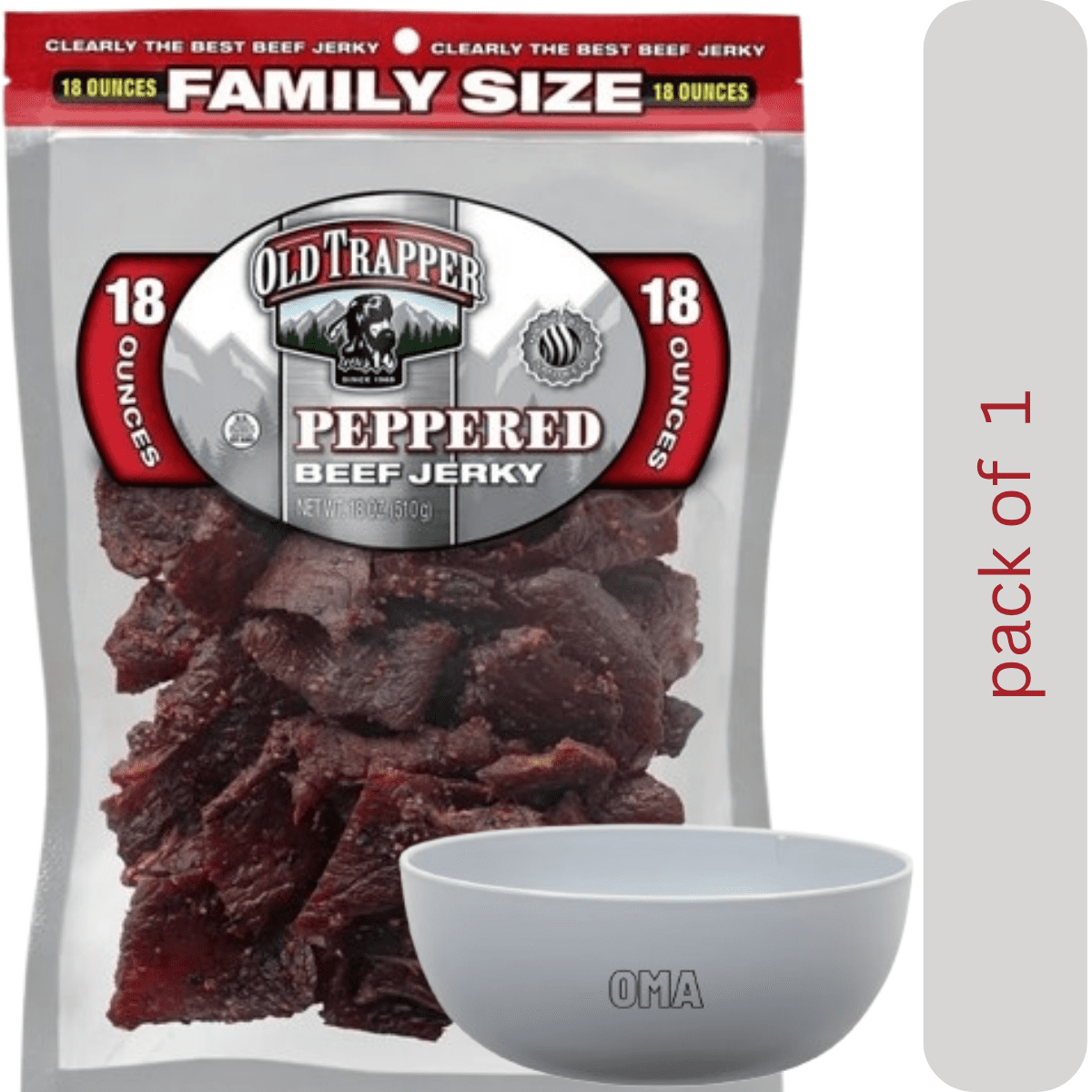Old Trapper Peppered Beef Jerky, 18 oz with bowl by OMA
