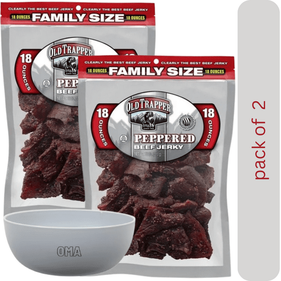 Old Trapper Peppered Beef Jerky, 2 Pack, 18 oz with bowl by OMA