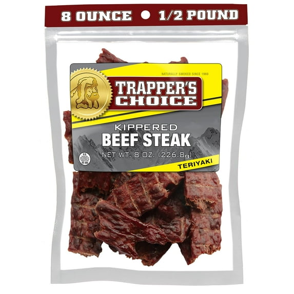 Old Trapper, Trapper's Choice MFF30 Teriyaki Kippered Beef Steak, Eight-Ounce Individual Package, Savory Sweet Meat Snacks, 10 Grams of Protein and 60 Calories Per Serving (Pack of One)