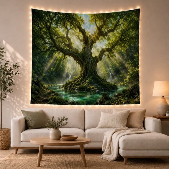 Old Tree and Waterfalls in a Turquoise Forest Pool, Serene Digital Art for Nature Lovers, Woodland Decor, Housewarming Gift, Tapestry Wall Hanging for Bedroom and Living Room