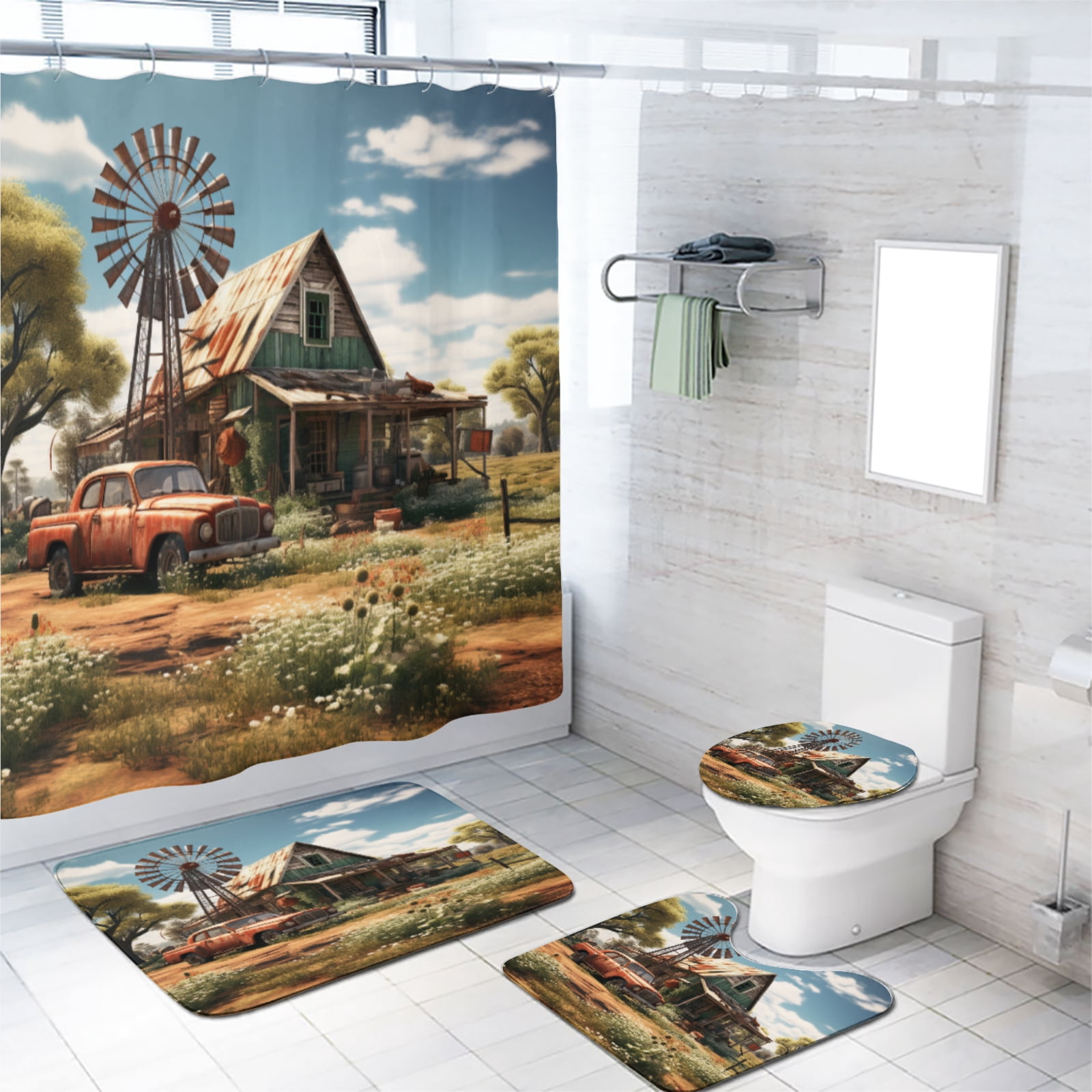 Old Truck 4 Piece Shower Curtain Sets Rustic Country Windmill Farmhouse Truck with Toilet Lid Cover and Bath Mat, Waterproof Shower Curtain with 12 Hooks, 72x72 Inch