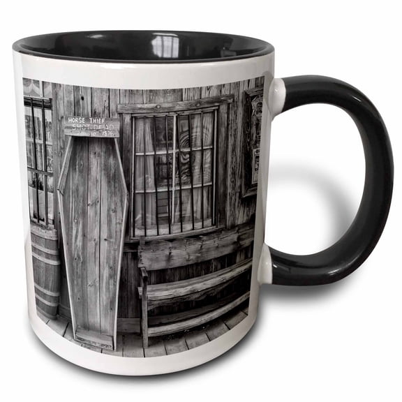 3drose, Old Tucson Movie Lot with Casket Standing Up by Jail, 11oz Two-tone Black Mug