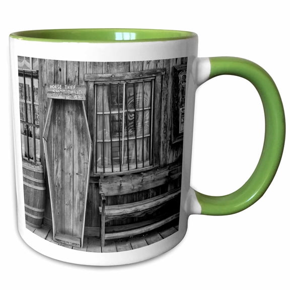 3drose, Old Tucson Movie Lot with Casket Standing up by Jail, 11oz Two-tone Green Mug