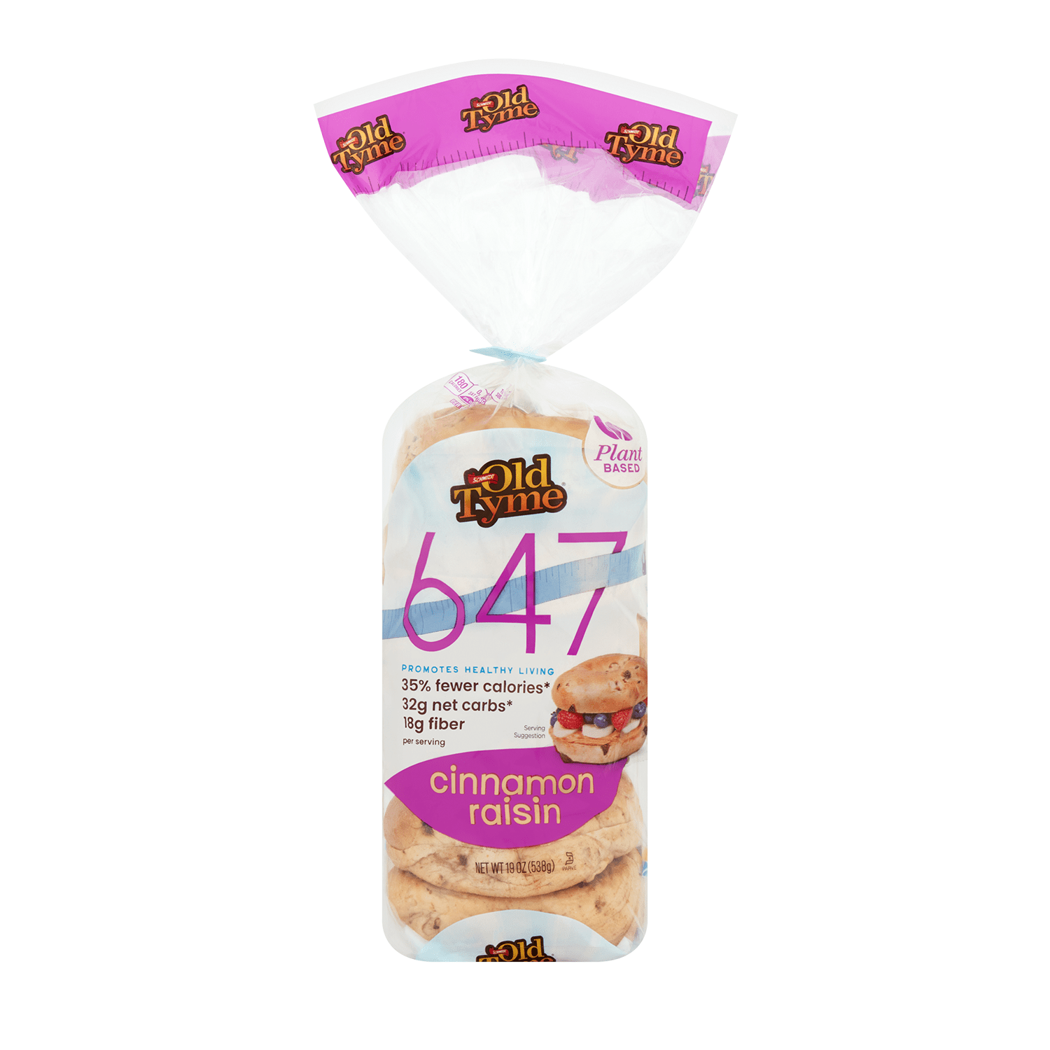 Schmidt Old Tyme 647 Cinnamon Raisin Bagels - 19 oz, Plant-Based Bread, 35% Fewer Calories, 32g Net Carbs, High Fiber