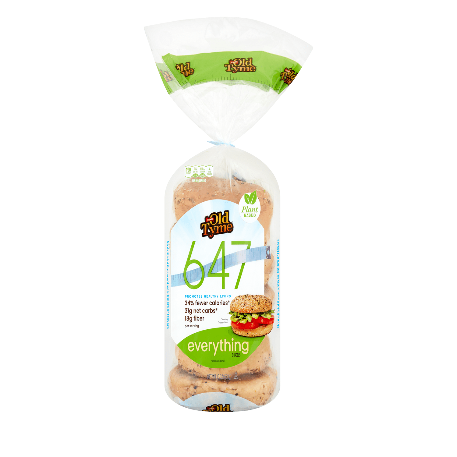 Schmidt Old Tyme 647 Everything Bagel Breads (6 Pack) - 34% Fewer Calories, 31g Net Carbs, 18g Fiber - Plant-Based, Light Brown