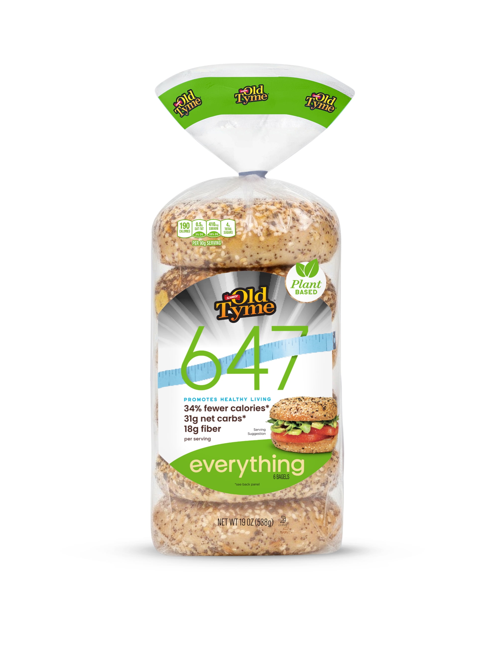 Schmidt Old Tyme 647 Everything Bagel Breads (6 Pack) - 34% Fewer Calories, 31g Net Carbs, 18g Fiber - Plant-Based, Light Brown