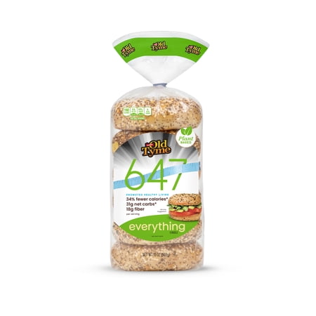 Schmidt Old Tyme 647 Everything Bagel Breads (6 Pack) - 34% Fewer Calories, 31g Net Carbs, 18g Fiber - Plant-Based, Light Brown