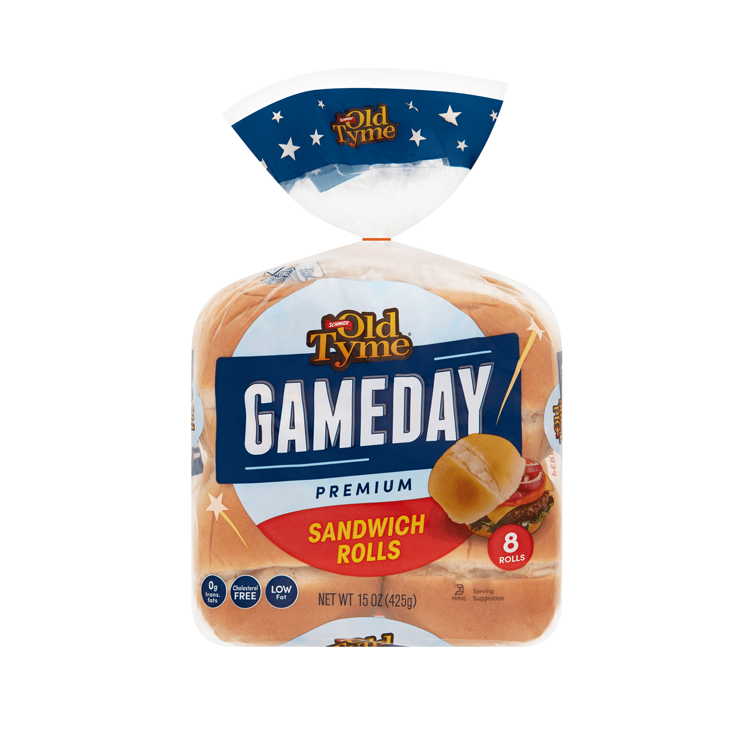 Schmidt Old Tyme Gameday Premium Sandwich Rolls, 8 Rolls, 15 oz, Soft & Fluffy White Bread, Perfect for Burgers & Sandwiches, Low Fat, 0g Trans Fat