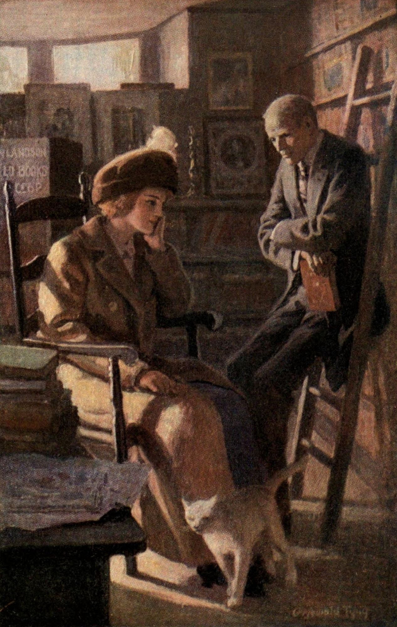Old Valentines 1914 Couple in library Canvas Art - Grizwold Tyng (24 x 36)
