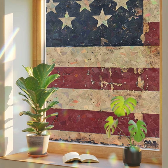 Old Vintage American Flag Patriot Window Privacy Film, Rainbow Film Decorative Window Sticker 17.7x39.3in, Stars and Stripes Sun Blocking Static Stained Glass Cling Tint Non-Adhesive