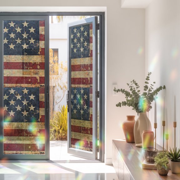 Old Vintage American Flag Patriot Window Privacy Film, Rainbow Film Decorative Window Sticker 23.6x78.7in, Stars and Stripes Sun Blocking Static Stained Glass Cling Tint Non-Adhesive