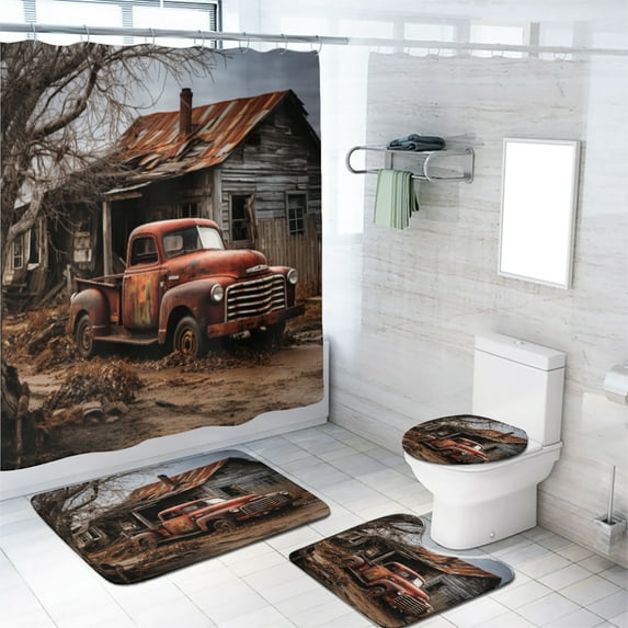 Old Vintage Farm Truck 4 Pcs Shower Curtain Set Western Rustic Barn Antique Car Farmhouse Country Retro with Non-Slip Rugs Toilet Lid Cover and Bath Mat Bathroom Decor Set, 72x72 Inch