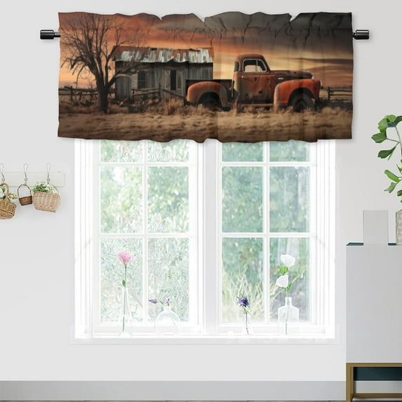 Old Vintage Farm Truck Window Curtain Valances Western Rustic Barn Antique Car Farmhouse Country Retro Rod Pocket Window Valance for Living Room Bathroom Bedroom Kitchen 54 by 18 in, 1 Panel