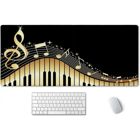 Old Vintage Piano and Music Note Mouse Pad 35.4 X 15.7 Inch XXL Black Full Desk Mousepad Extended Large Non-Slip Rubber Base Waterproof Big Keyboard Mat with Stitched Edges for Gaming and Office