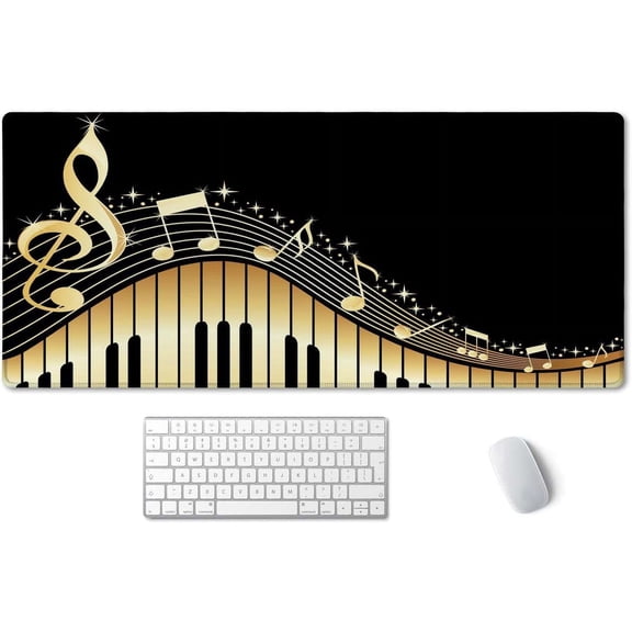 Old Vintage Piano and Music Note Mouse Pad 35.4 X 15.7 Inch XXL Black Full Desk Mousepad Extended Large Non-Slip Rubber Base Waterproof Big Keyboard Mat with Stitched Edges for Gaming and Office
