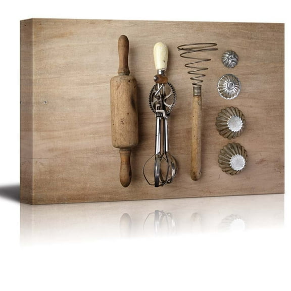 Old Vintage Wooden Rolling Pin with HandCranked Mixer and Egg Beater Wood Framed - Canvas Art Wall Art - 16" x 24"