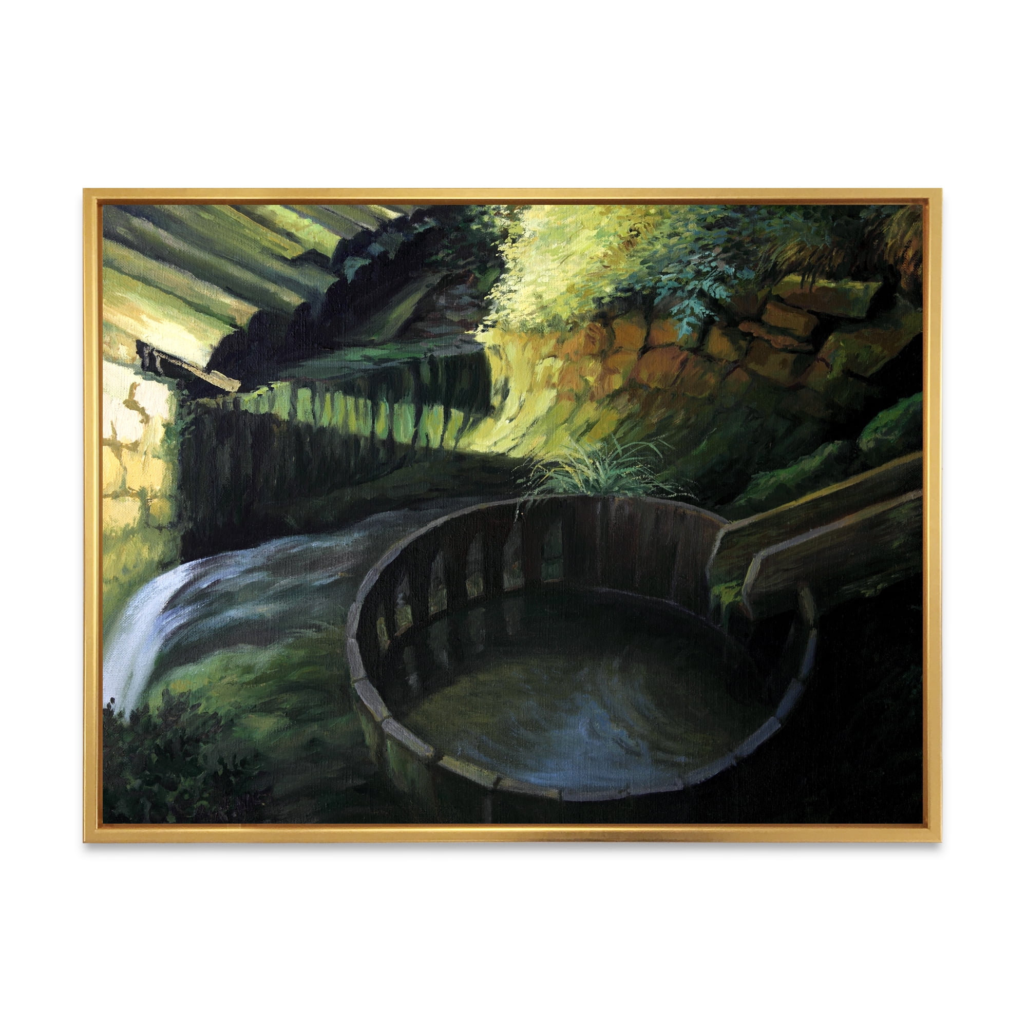 Old Watermill In Green Nature Landscape 20 in x 12 in Framed Painting Canvas Art Print, by Designart