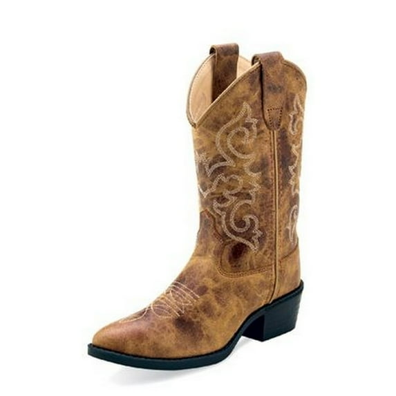 Old West Western Boots Boys Leather Point Stitched Burnt Tan 8175