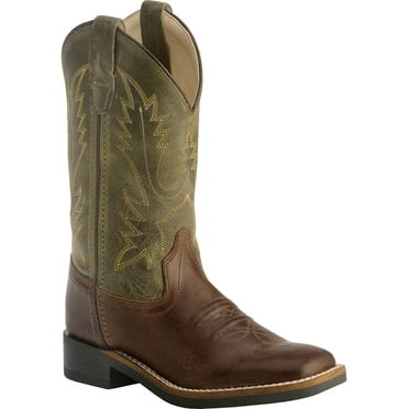 Old West Boys' Stiched Olive Cowboy Boot Square Toe