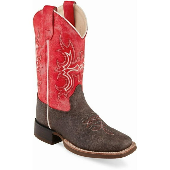 Old West Brown/Dark Pink Youth Girls Leather Cowboy Boots 6.5D