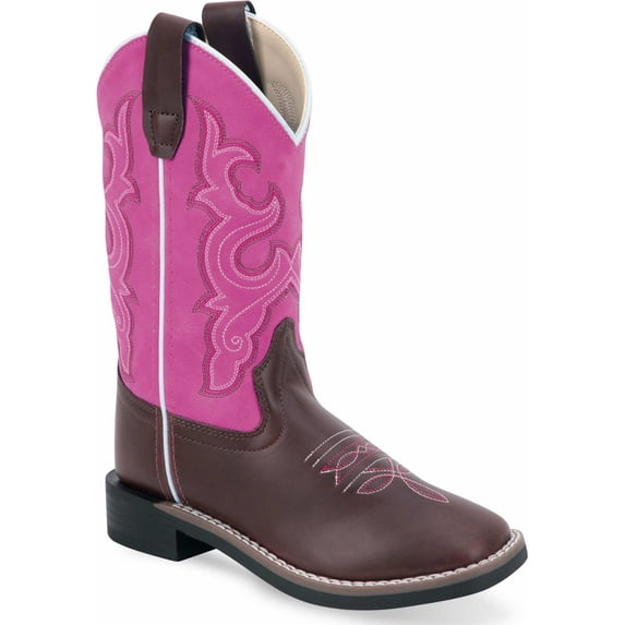 Old West Burnt Brown Foot Pink Shaft Children All Over Leatherette Material Broad Square Toe Boots