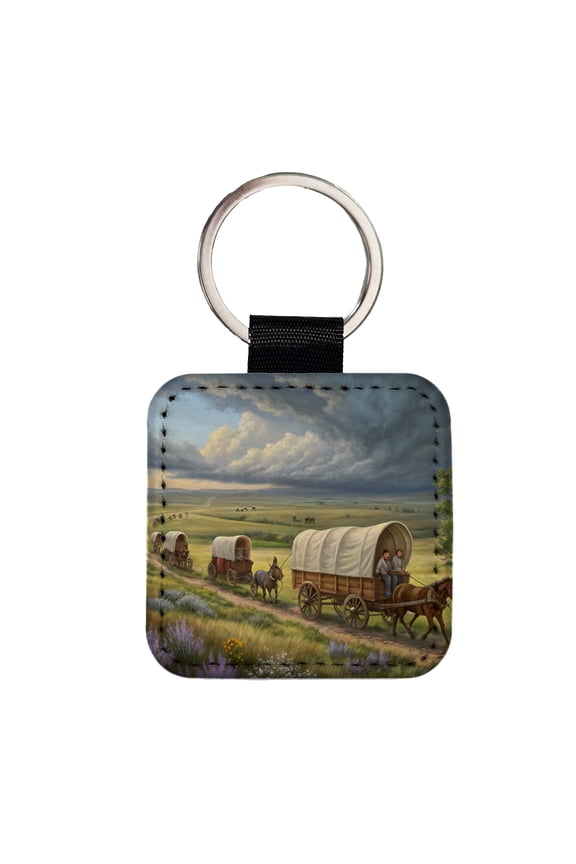 Old West Covered Wagons Crossing The Prairie Western Faux Leather Square Keychain