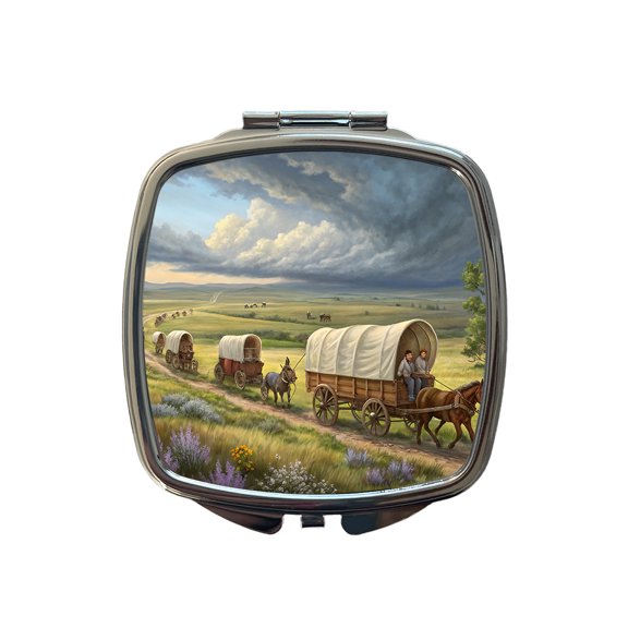 Old West Covered Wagons Crossing The Prairie Western Travel Makeup Handbag Purse Small Pocket Compact Mirror