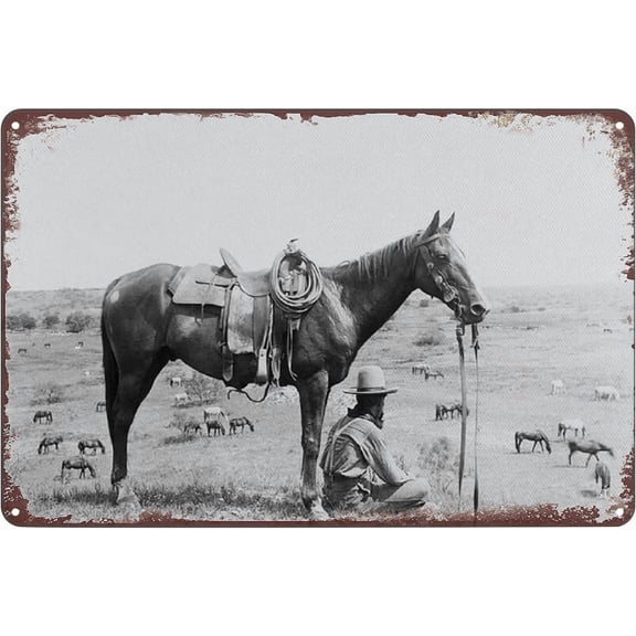 Old West Cowboy & Horses Bonham Texas Poster Vintage Metal Tin Sign Wall Art Plaque Decor for Home Bar Pub Club Cafe 8x12 inch
