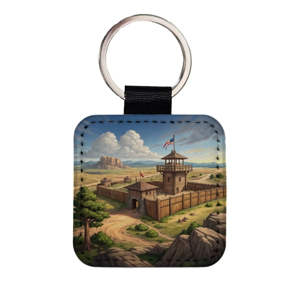 Old West Frontier Fort Cowboy Western Faux Leather Square Keychain