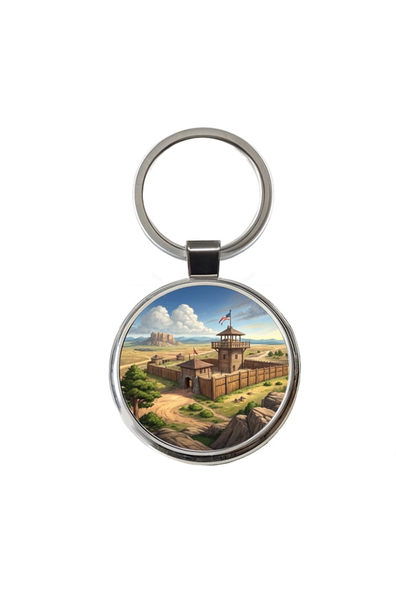 Old West Frontier Fort Cowboy Western Metal Round Keychain