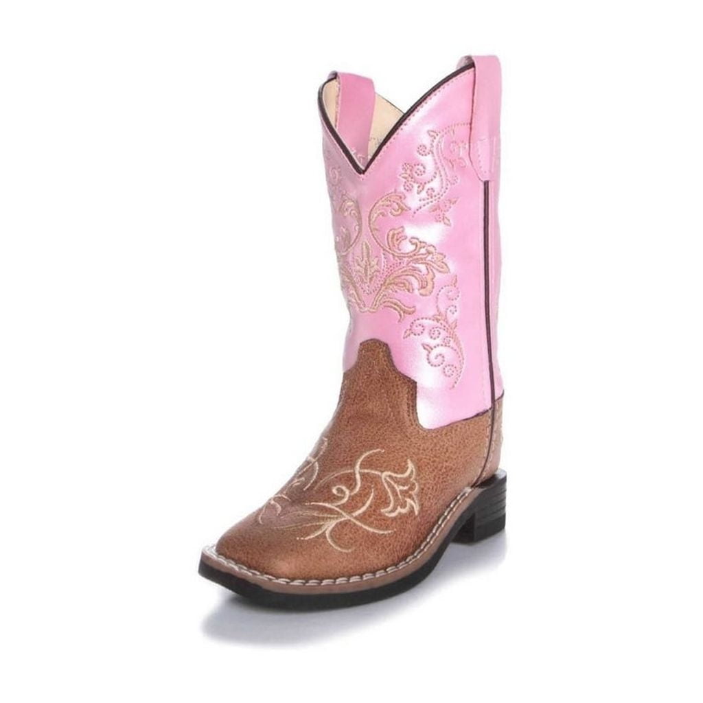 Old West Cowboy Boots Girls Square Toe Embroidery Rubber Brown VB9145