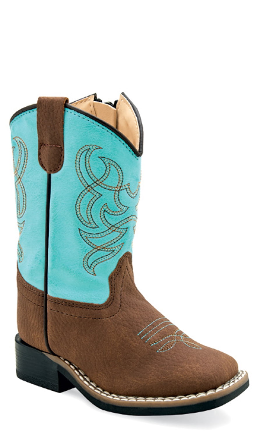 Old West Infant Boys Broad Square Toe Brown/Teal Faux Leather Cowboy