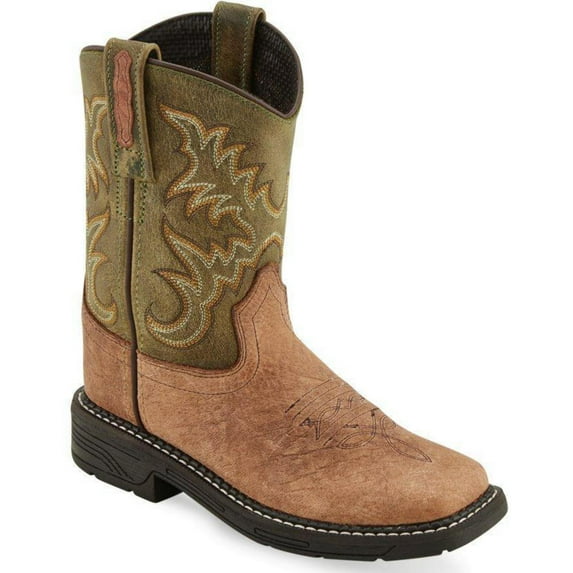 Old West Olive/Tan Children Boys Leather Cowboy Boots 1D