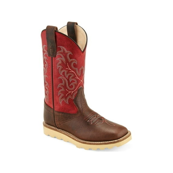Old West Red/Brown Youth Boys Leather Crepe Cowboy Boots 4.5D