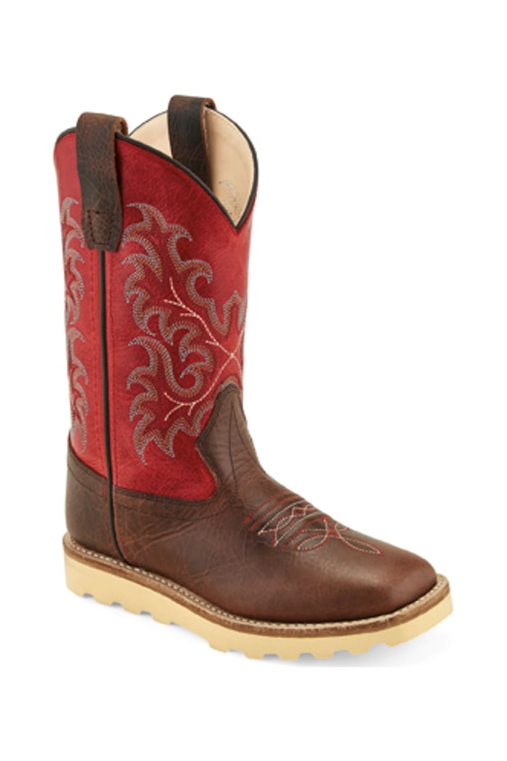 Old West Red Brown Youth Boys Leather Crepe Cowboy Boots 6D