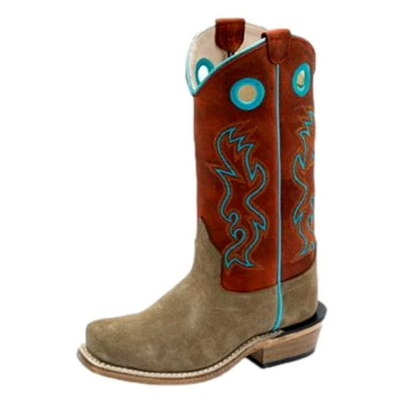 Old West Western Boots Boys Square Fancy Leather Suede Camel Red 8206
