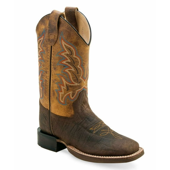 Old West Youth Unisex Broad Square Toe Burnt Dark Brown Leather Cowboy Boots 3.5 D