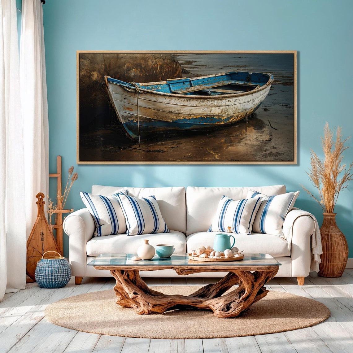 Old White Boat On The Beach Wall Art Decor Coastal Rowboat Close Up ...