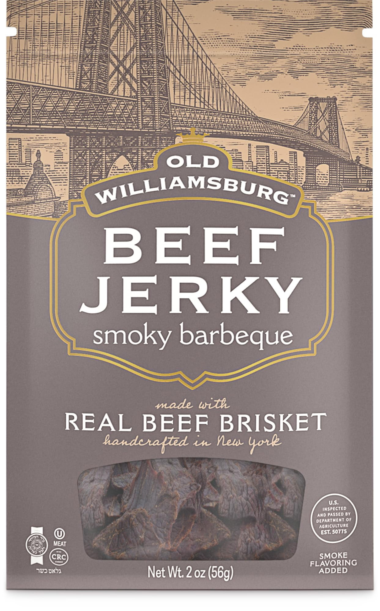 Old Williamsburg Smoky BBQ MSF2 Beef Jerky, 2oz Real Beef Brisket