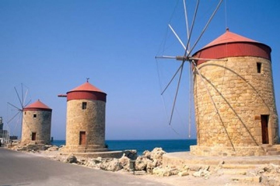Old Windmills of Rhodes Greece Canvas Art - Bill Bachmann DanitaDelimont (18 x 12)