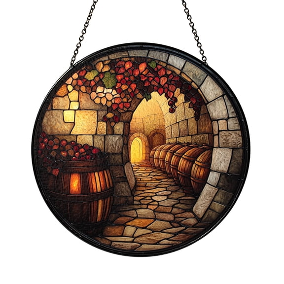 Old Wine Cellar Stained Glass Style Suncatcher Window Hanging, Rustic Decorative Glass Art Panel with Barrels and Stone Arch Interior, Round Window Sun Catcher Ornament Gift Idea