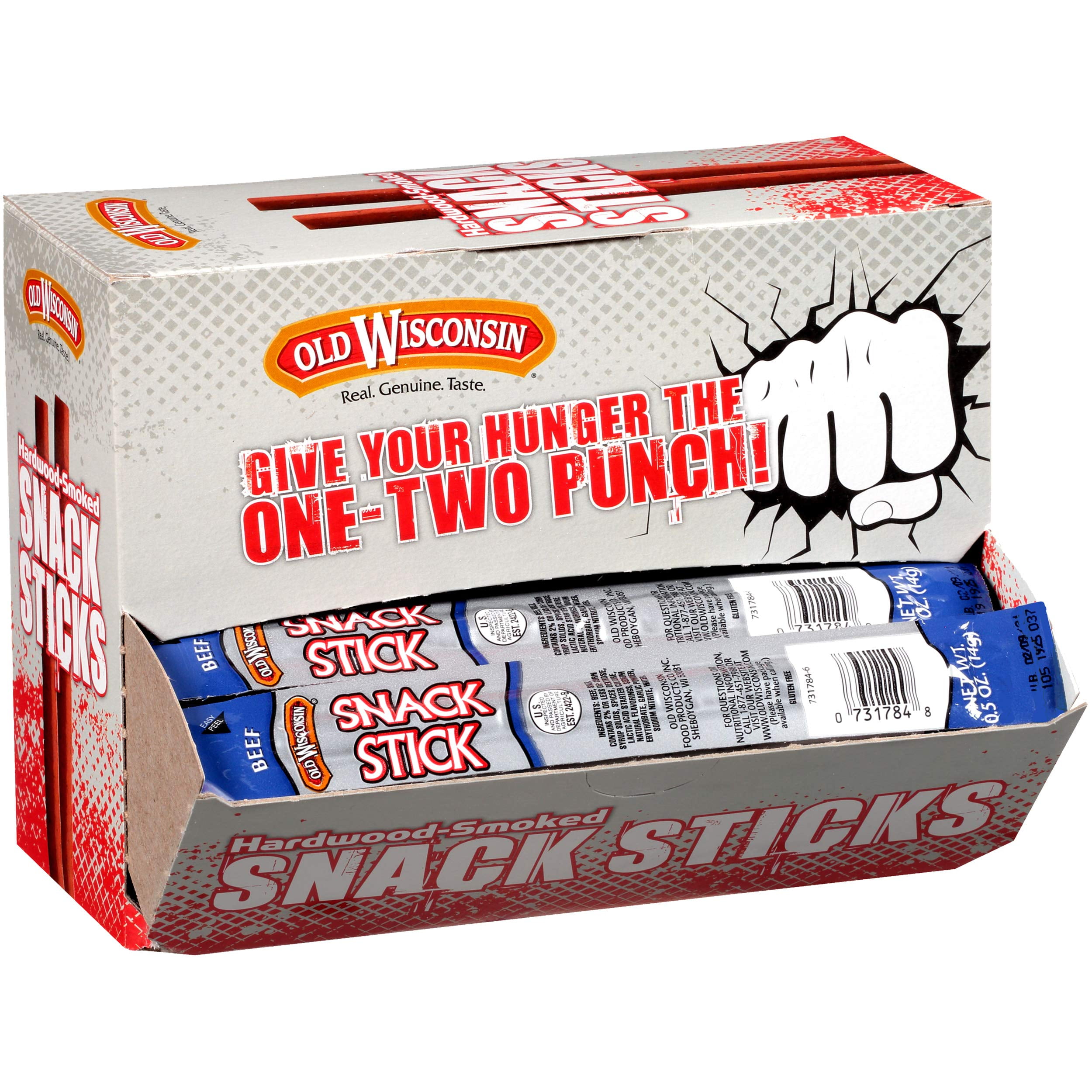 Old Wisconsin Beef Sausage Snack Sticks, Naturally Smoked, Ready to Eat, High Protein, Low Carb, Keto, Gluten Free, Counter Box, Pack of 42 Individually Wrapped Sticks Yu5 Yu5