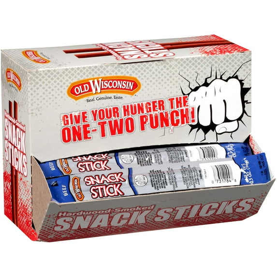 Old Wisconsin Beef Sausage SAF21 Snack Sticks, Naturally Smoked, Ready to Eat, High Protein, Low Carb, Keto, Gluten Free, Counter Box, Pack of 42 Individually Wrapped Sticks