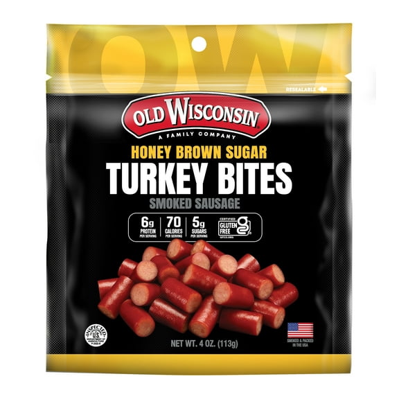 Old Wisconsin Gluten Free Honey Turkey Sausage Snack Bites, 4oz, Resealable Bag