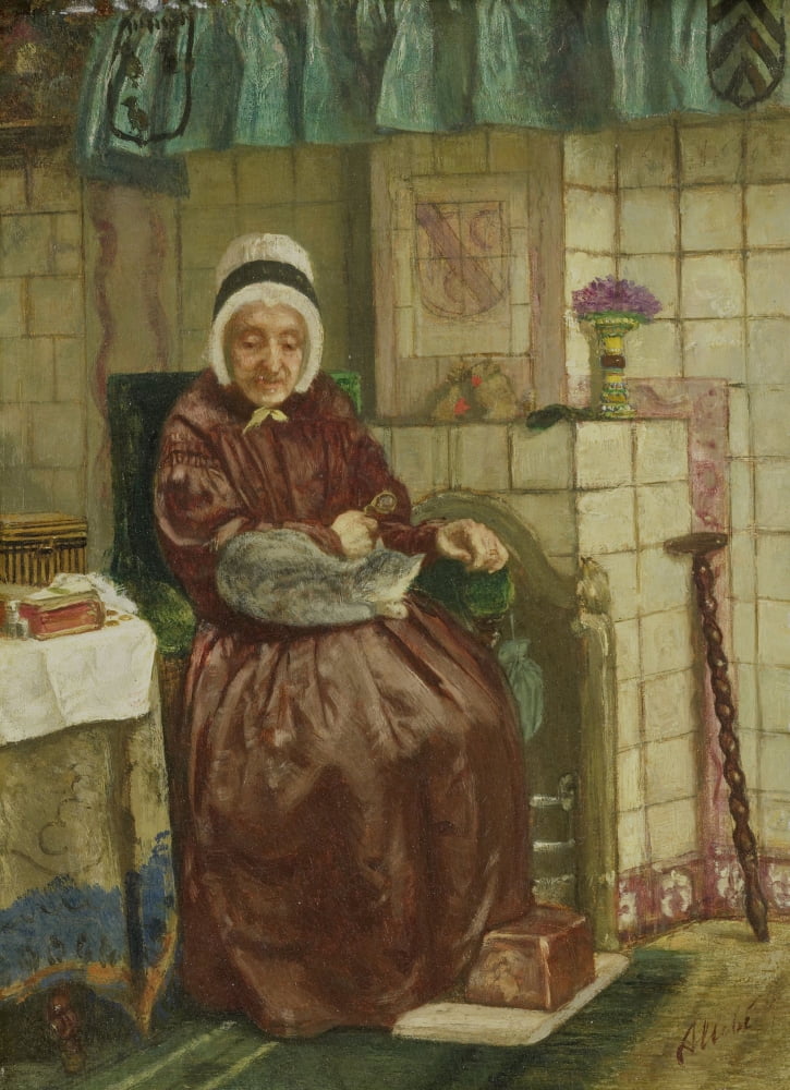 Old Woman By The Fireplace Canvas Art -  (18 x 24)