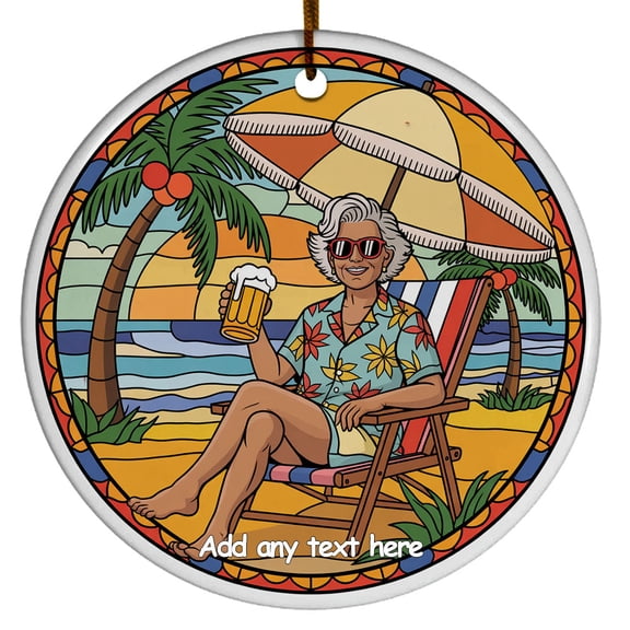 Old Woman with Beach Ornament Custom Text Tree Ornament for Mom & Dad, Retired Life Celebration, Christmas 2025 Decoration